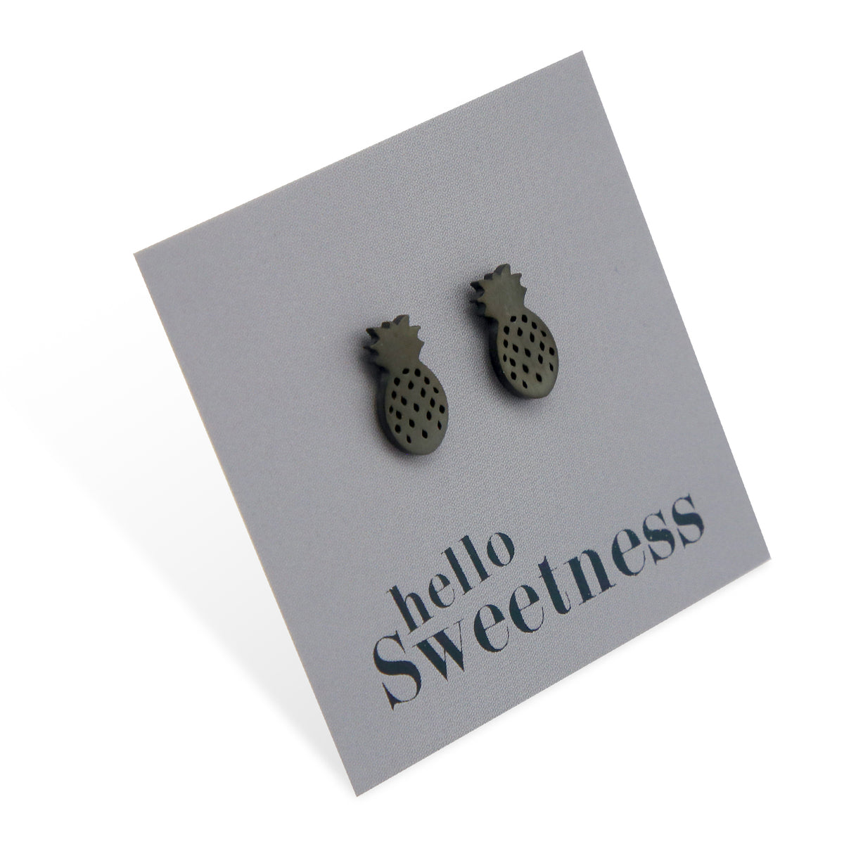 black hypoallergenic stainless steel pineapple studs on foil hello sweetness