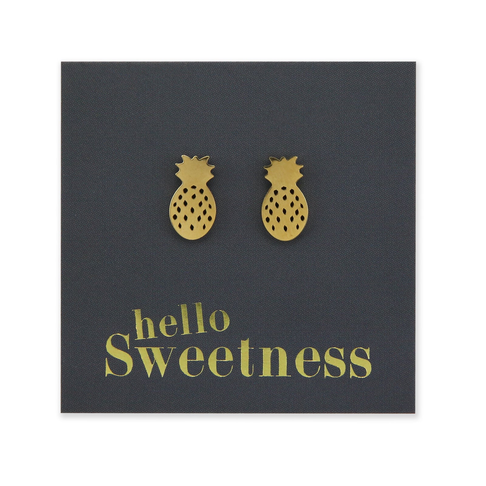 silver, rose gold, gold and black stainless steel pineapple earring studs on foil hello sweetness
