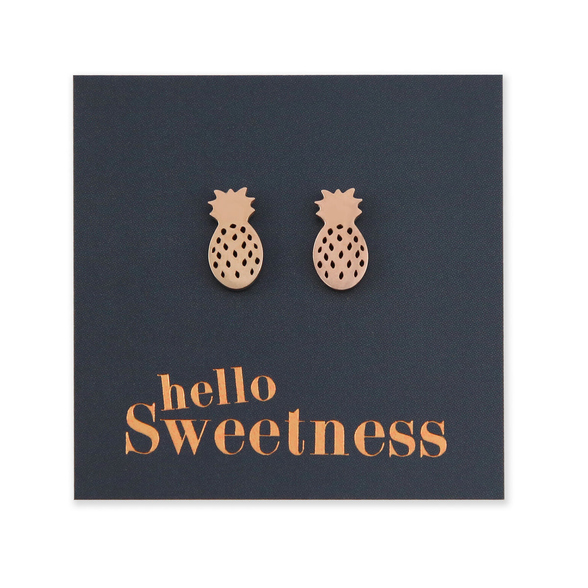 rose gold hypoallergenic stainless steel pineapple studs on foil hello sweetness