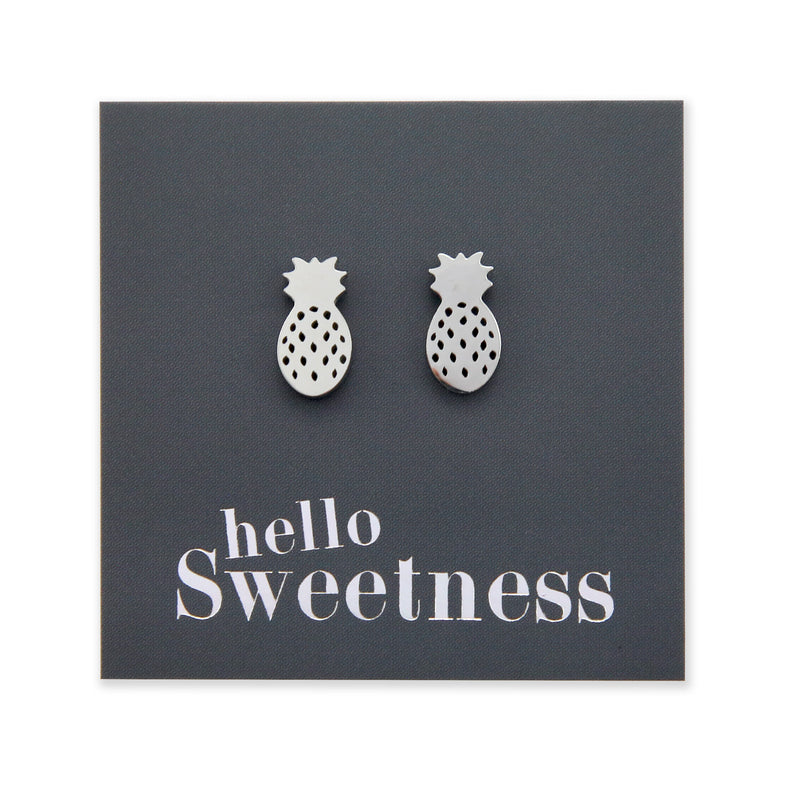 silver, rose gold, gold and black stainless steel pineapple studs on foil hello sweetness