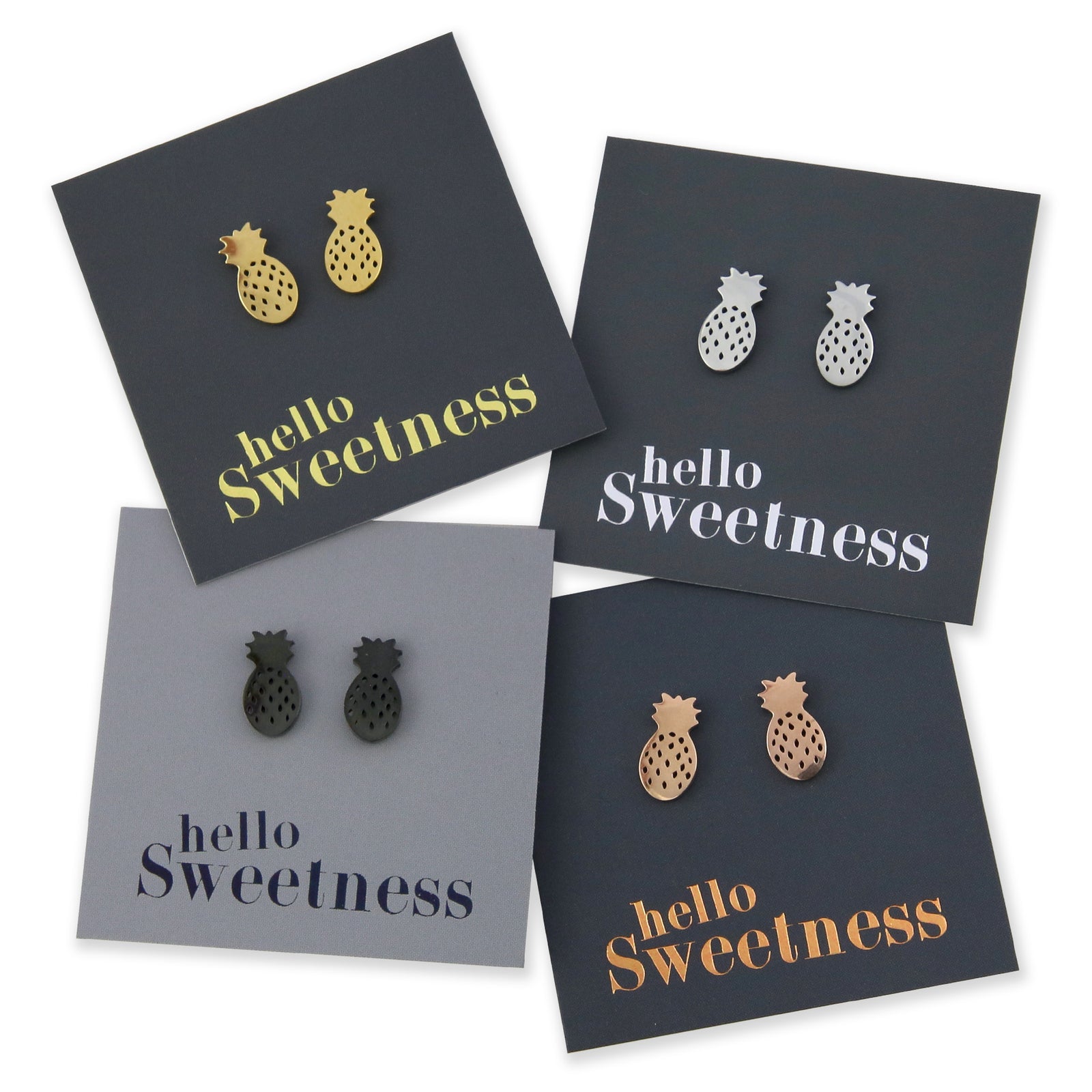 silver, rose gold, gold and black stainless steel pineapple earring studs on foil hello sweetness