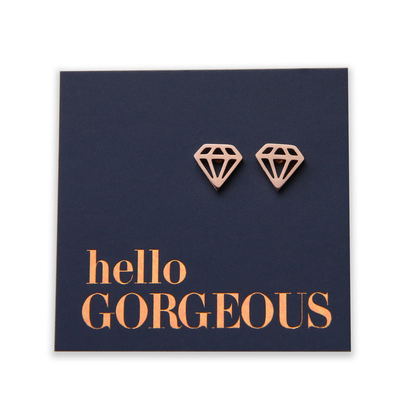 Stainless Steel Geo Diamond shape earrings. Hypoallergenic studs in Rose Gold, Silver, Black & Gold. Star shaped. Beautiful Gifts by Sister and Soul. Foil feature gift card Girl you are amazing.