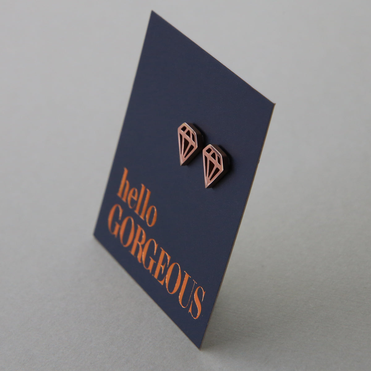 Stainless Steel Geo Diamond shape earrings. Hypoallergenic studs in Rose Gold, Silver, Black & Gold. Star shaped. Beautiful Gifts by Sister and Soul. Foil feature gift card Girl you are amazing.