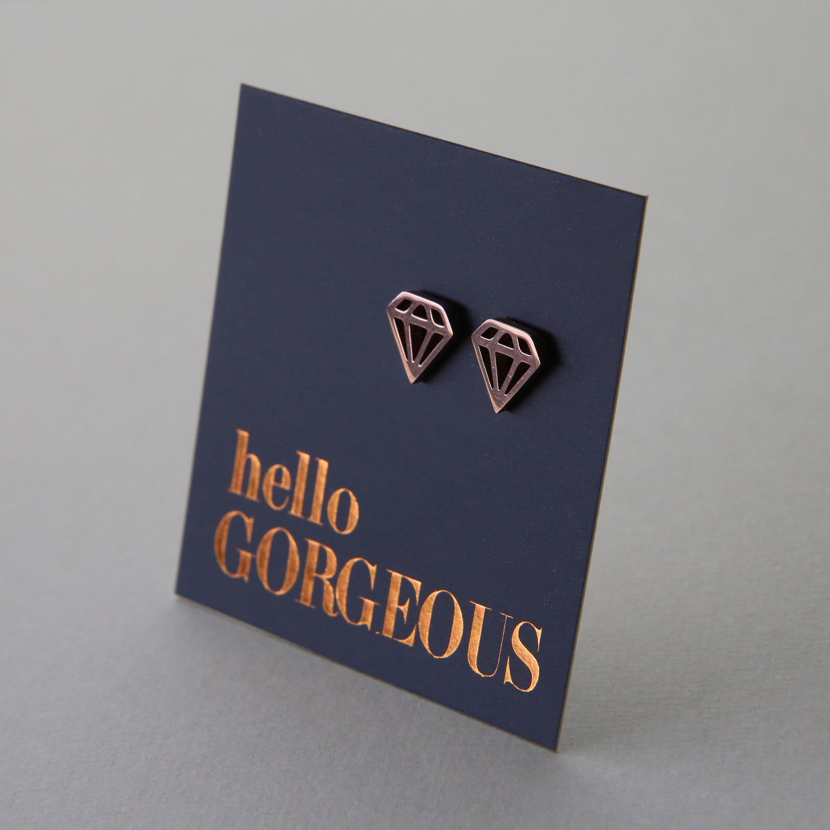 Stainless Steel Geo Diamond shape earrings. Hypoallergenic studs in Rose Gold, Silver, Black & Gold. Star shaped. Beautiful Gifts by Sister and Soul. Foil feature gift card Girl you are amazing.