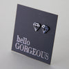 Stainless Steel Geo Diamond shape earrings. Hypoallergenic studs in Rose Gold, Silver, Black & Gold. Star shaped. Beautiful Gifts by Sister and Soul. Foil feature gift card Girl you are amazing.