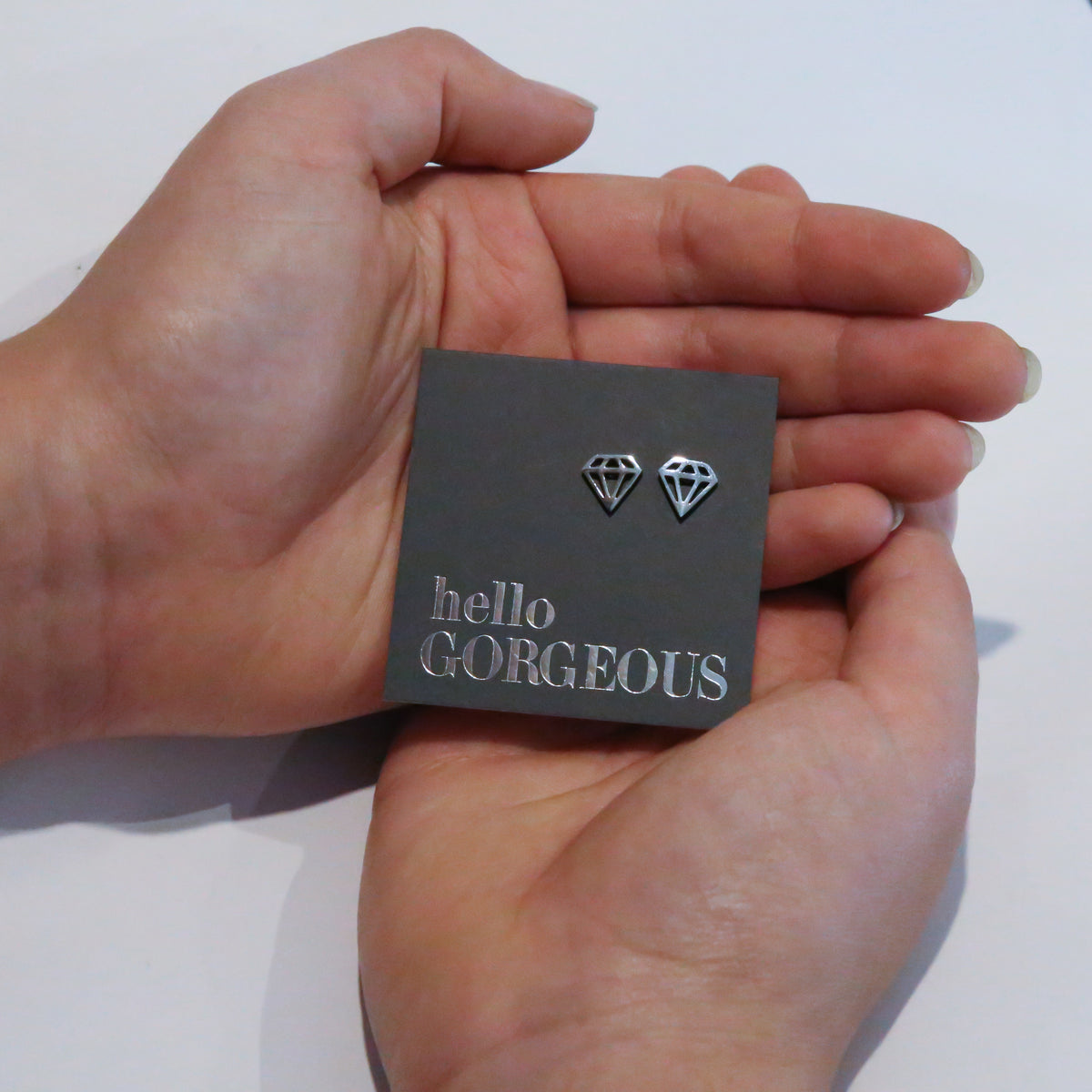 Stainless Steel Geo Diamond shape earrings. Hypoallergenic studs in Rose Gold, Silver, Black & Gold. Star shaped. Beautiful Gifts by Sister and Soul. Foil feature gift card Girl you are amazing.