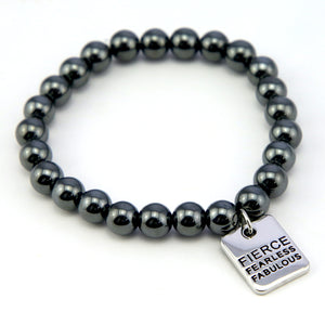 The STRONG WOMEN Collection Hematite Bracelet 8mm Beads with word charm - Graphite