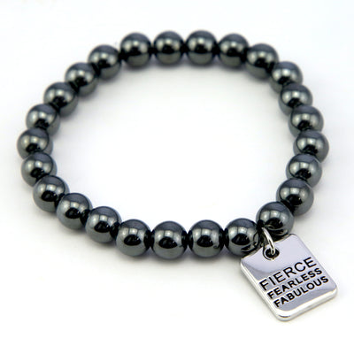The STRONG WOMEN Collection Hematite Bracelet 8mm Beads with word charm - Graphite