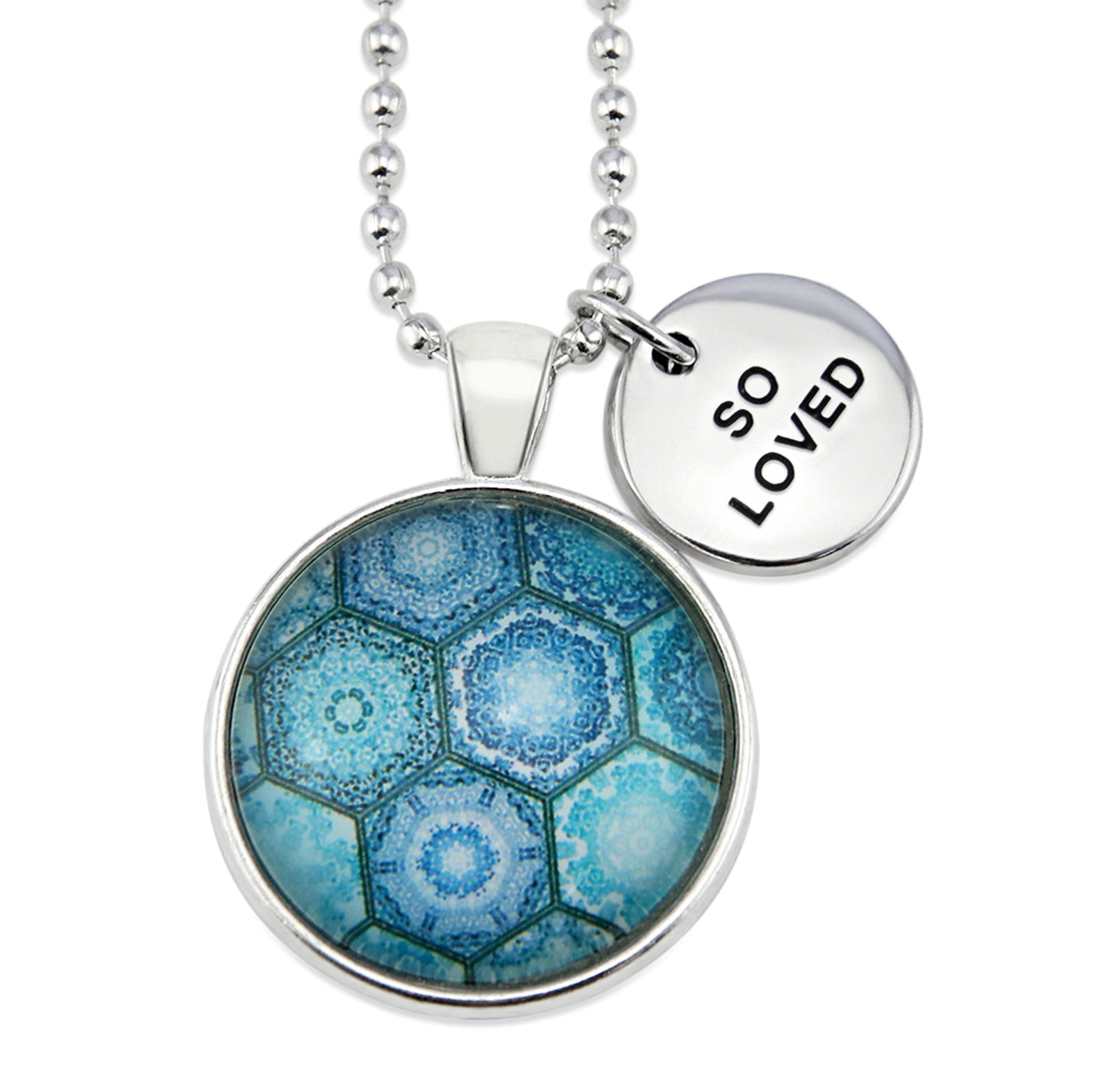Teal hexagon print pendant necklace in bright silver with so loved charm. 