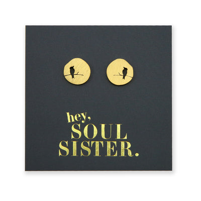 Stainless Steel Earring Studs - Brushed Gold - Hey Soul Sister - Bird on a branch (8710-R)