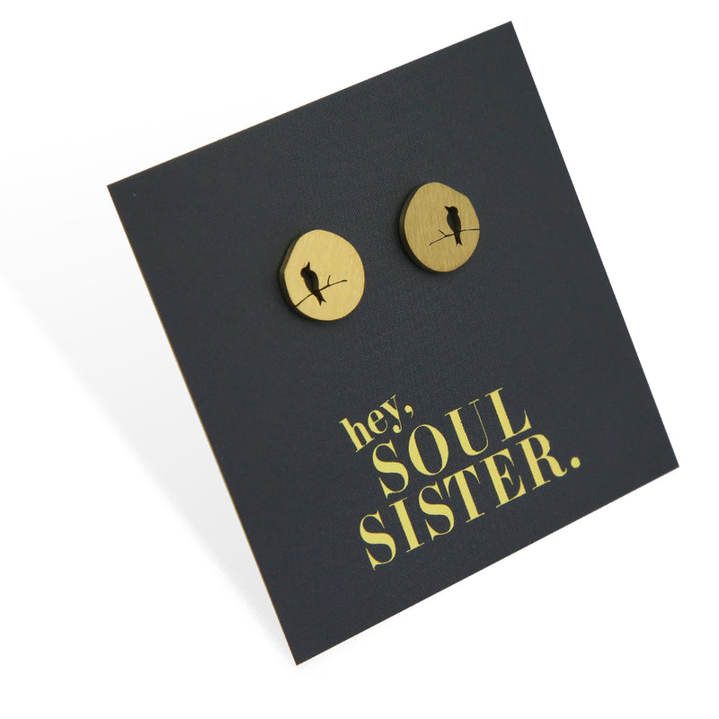 Stainless Steel Earring Studs - Hey Soul Sister - Brushed Gold Bird On A Branch (8710-R)