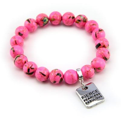 Hot Pink Synthesis Stone 10mm Bead Bracelet with Fierce Fearless Fabulous Silver Word Charm. Fundraiser for the National Breast Cancer Foundation