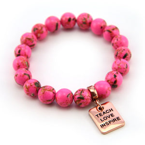 Hot Pink Synthesis Stone 10mm Bead Bracelet with Teach Love Inspire Rose Gold Word Charm. Fundraiser for the National Breast Cancer Foundation