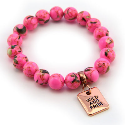 Hot Pink Synthesis Stone 10mm Bead Bracelet with Wild And Free Rose Gold Word Charm. Fundraiser for the National Breast Cancer Foundation