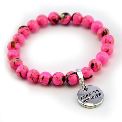 Hot Pink Synthesis Stone 8mm Bead Bracelet with Always & Forever Silver Word Charm. Fundraiser for the National Breast Cancer Foundation
