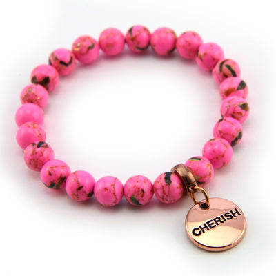 Hot Pink Synthesis Stone 8mm Bead Bracelet with Cherish Rose Gold Word Charm. Fundraiser for the National Breast Cancer Foundation