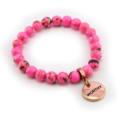 Hot Pink Synthesis Stone 8mm Bead Bracelet with Worthy Rose Gold Word Charm. Fundraiser for the National Breast Cancer Foundation