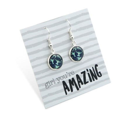TEAL COLLECTION - Girl You're Amazing - Bright Silver Dangle Earrings - Hummingbird Flock (12312)