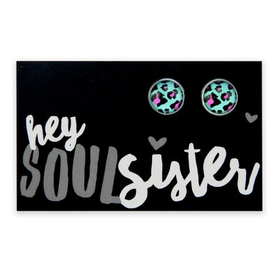 Hey Soul Sister - Vintage Silver surround Circle Studs - Aqua Leopard (9204)