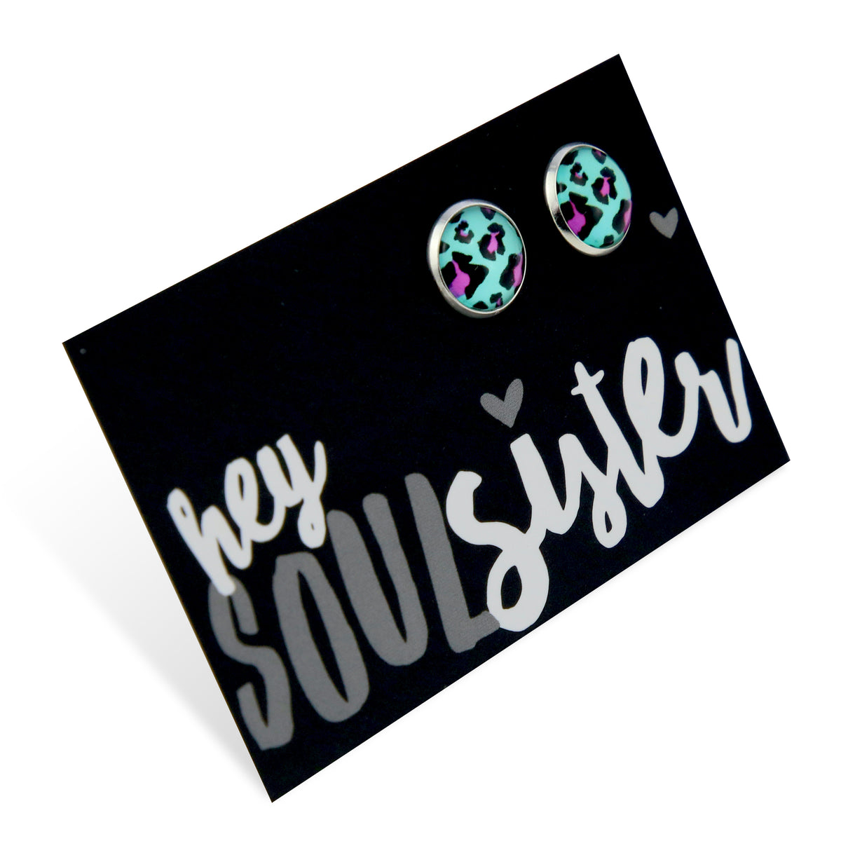 Hey Soul Sister - Vintage Silver 12mm Circle Studs - Aqua Leopard (12115)