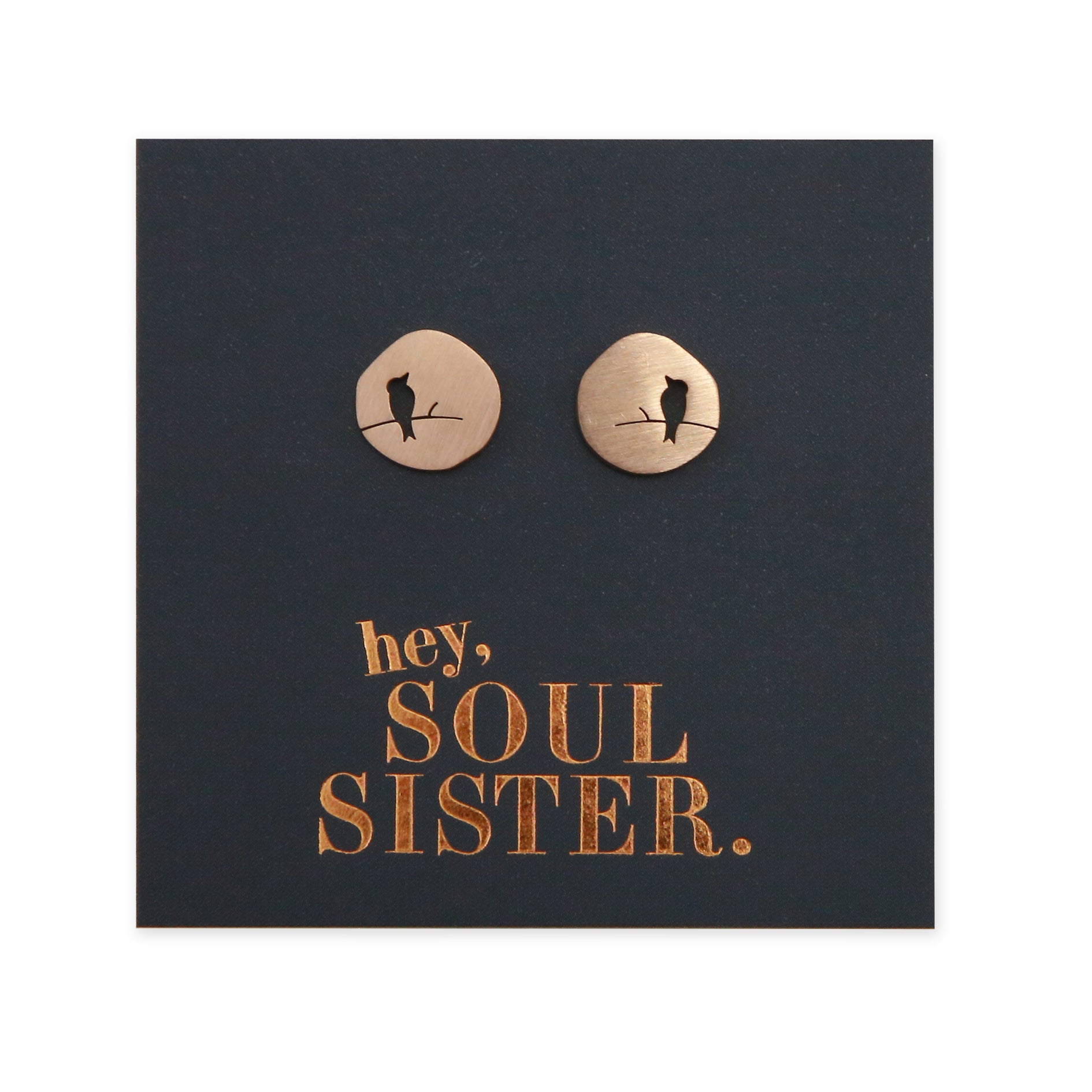 Rose Gold bird cut out earring studs on hey soul sister card.