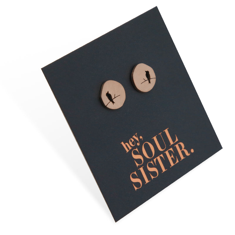 Stainless Steel Earring Studs - Hey Soul Sister - Brushed Rose Gold Bird On A Branch (8212)