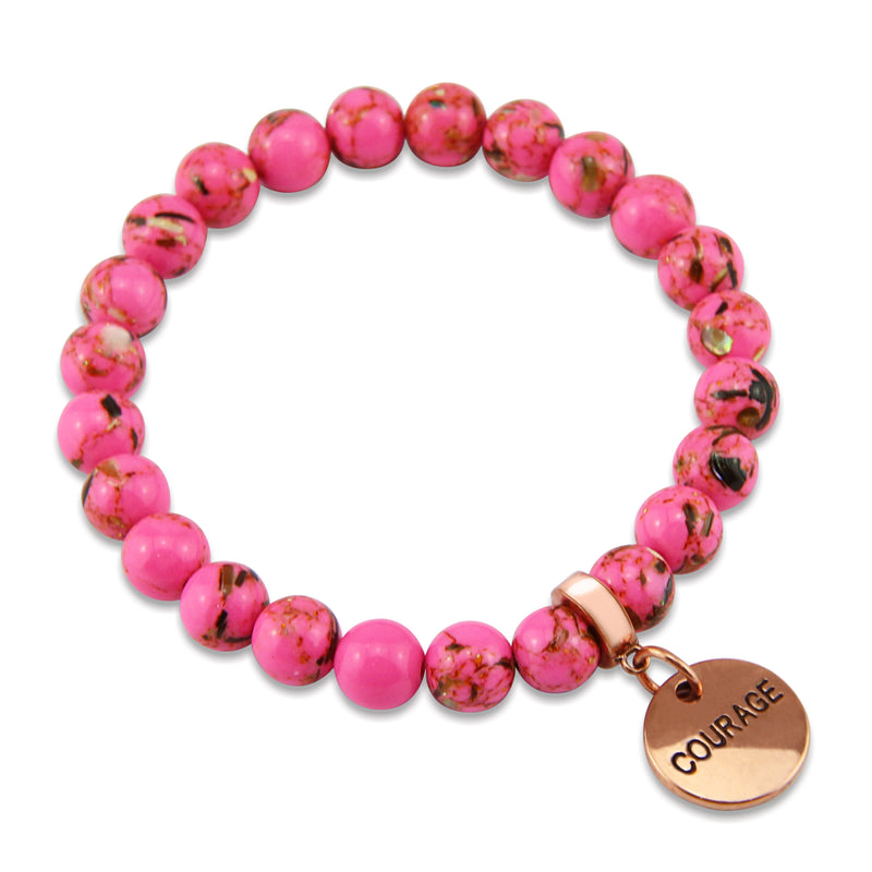 Hot Pink Synthesis Stone 8mm Bead Bracelet with Family Rose Gold Word Charm. Fundraiser for the National Breast Cancer Foundation