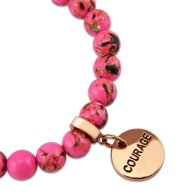 Hot Pink Synthesis Stone 8mm Bead Bracelet with Courage Rose Gold Word Charm. Fundraiser for the National Breast Cancer Foundation