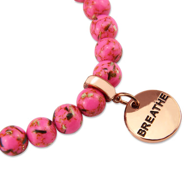 Hot Pink Synthesis Stone 8mm Bead Bracelet with Breathe Rose Gold Word Charm. Fundraiser for the National Breast Cancer Foundation