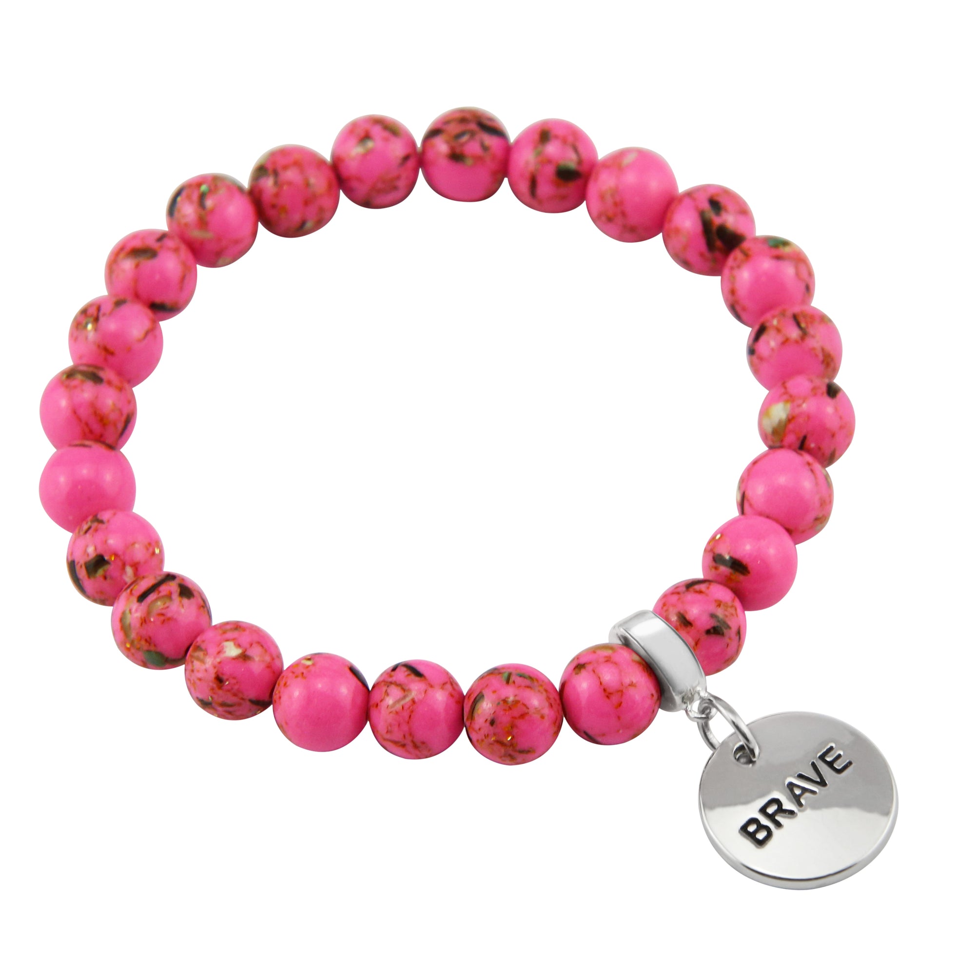 Hot Pink Synthesis Stone 8mm Bead Bracelet with Brave Silver Word Charm. Fundraiser for the National Breast Cancer Foundation