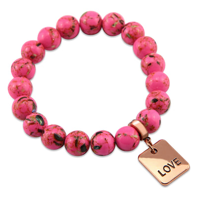 Hot Pink Synthesis Stone 10mm Bead Bracelet with Love Rose Gold Word Charm. Fundraiser for the National Breast Cancer Foundation