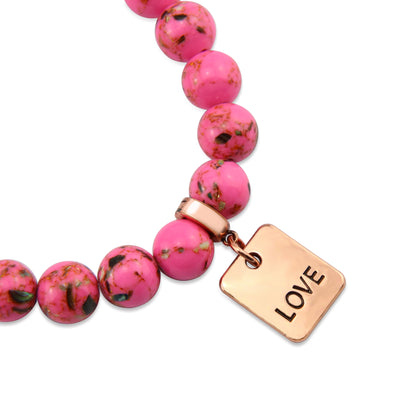 Hot Pink Synthesis Stone 10mm Bead Bracelet with Love Rose Gold Word Charm. Fundraiser for the National Breast Cancer Foundation