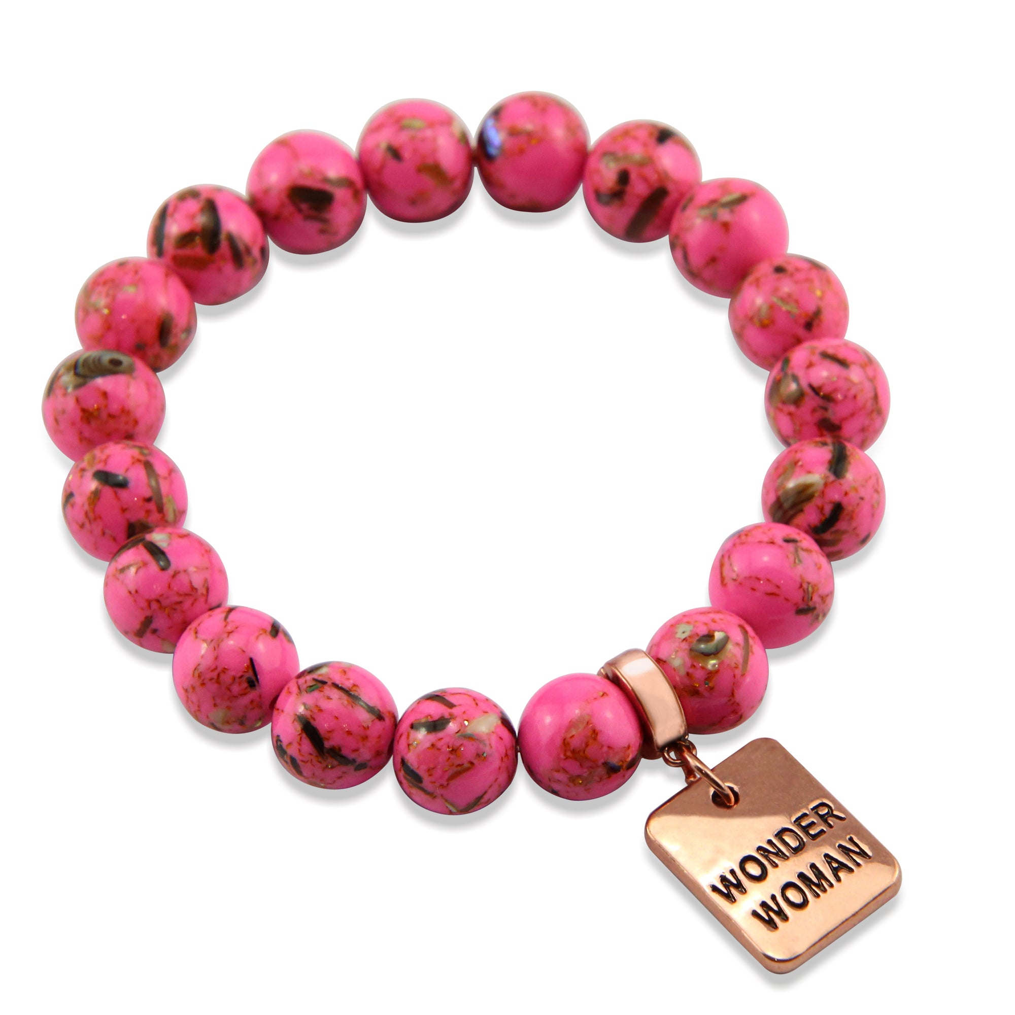 Hot Pink Synthesis Stone 10mm Bead Bracelet with Wonder Woman Rose Gold Word Charm. Fundraiser for the National Breast Cancer Foundation