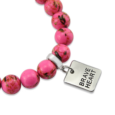 Hot Pink Synthesis Stone 10mm Bead Bracelet with Brave Heart Silver Word Charm. Fundraiser for the National Breast Cancer Foundation