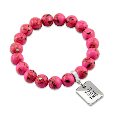 Hot Pink Synthesis Stone 10mm Bead Bracelet with You Got This Silver Word Charm. Fundraiser for the National Breast Cancer Foundation