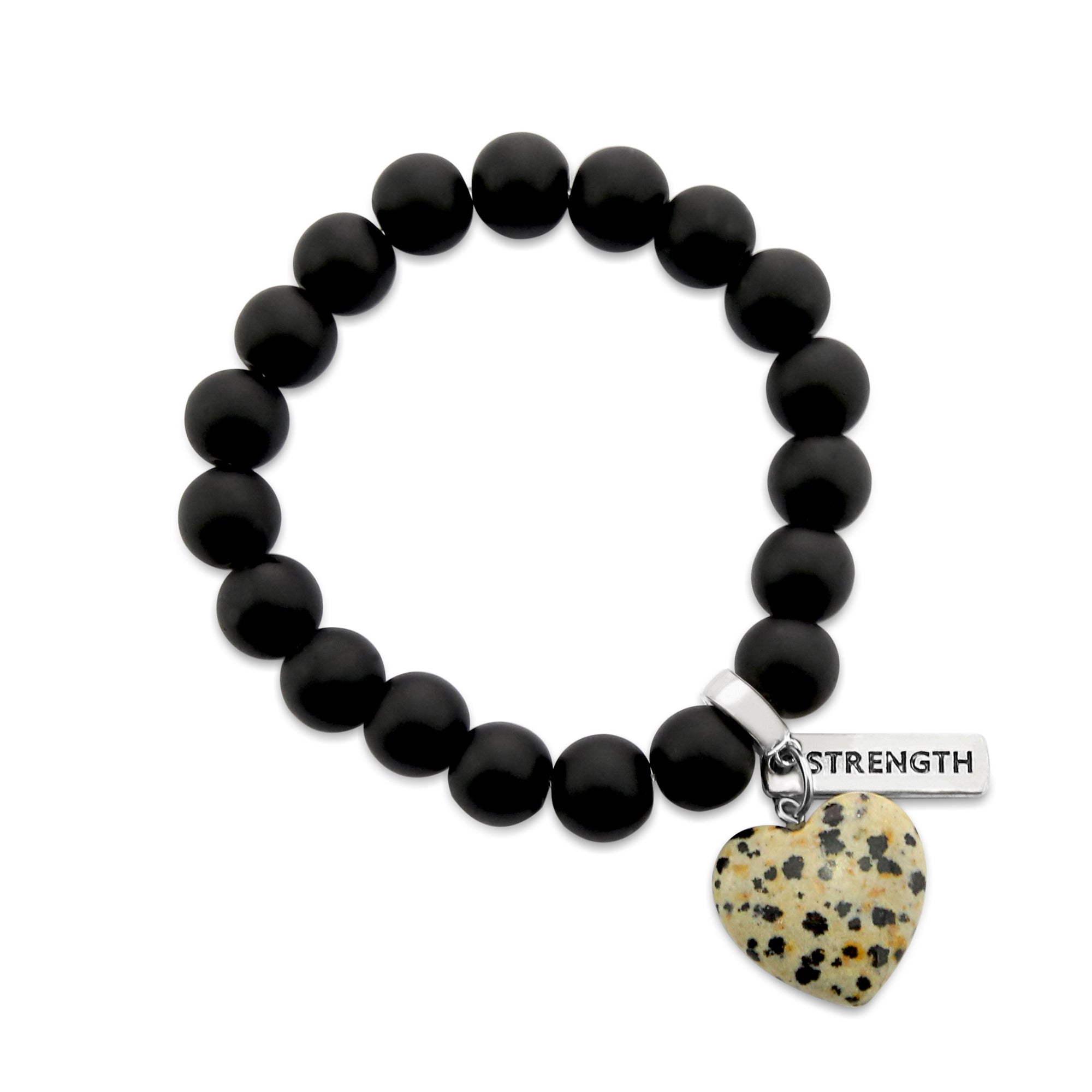 SWEETHEART Bracelet - 10mm MATT BLACK ONYX stone beads with DALMATIAN STONE Heart & Word Charm