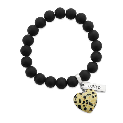 SWEETHEART Bracelet - 10mm MATT BLACK ONYX stone beads with DALMATIAN STONE Heart & Word Charm