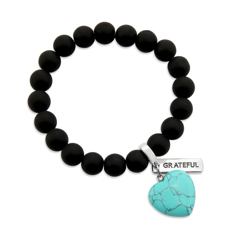 SWEETHEART Bracelet - 10mm MATT BLACK ONYX stone beads with TURQUOISE Heart & Word Charm