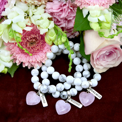 SWEETHEART Bracelet - 10mm WHITE MARBLE with ROSE QUARTZ heart charm & Word Charm