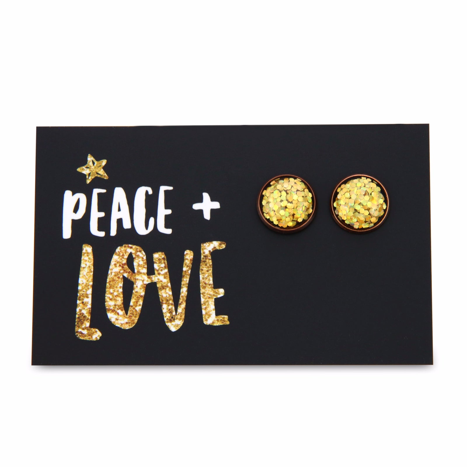 SPARKLEFEST - Peace + Love - Vintage Copper 12mm Circle Studs - Gold Glitter (10321)