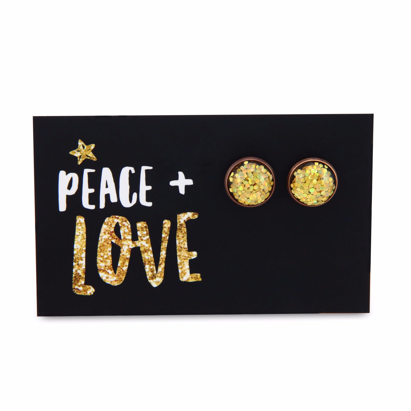 SPARKLEFEST - Peace + Love - Vintage Copper 12mm Circle Studs - Gold Glitter (10321)