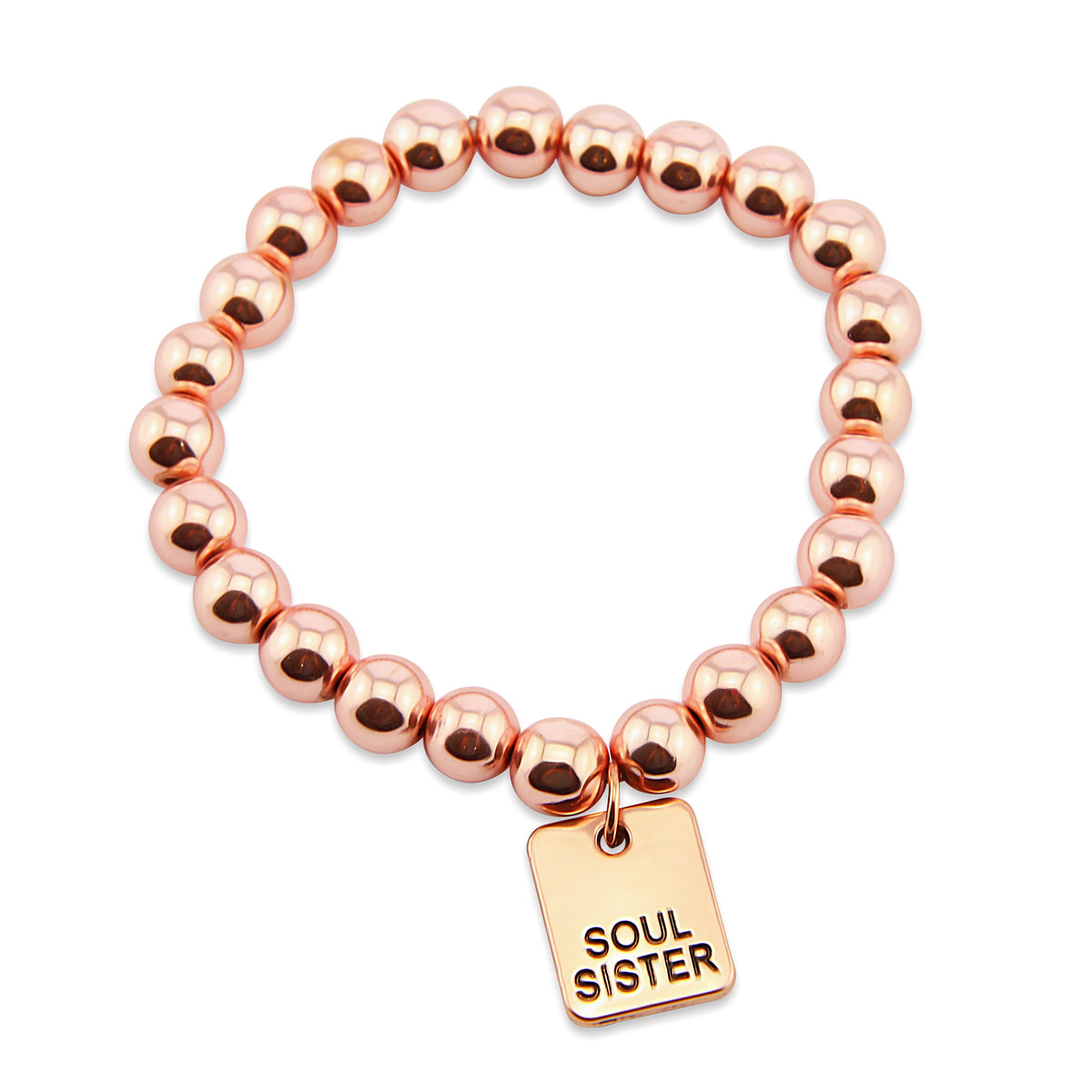 The STRONG WOMEN Collection Hematite Bracelet 8mm Beads with word charm - Rose Gold Rebel