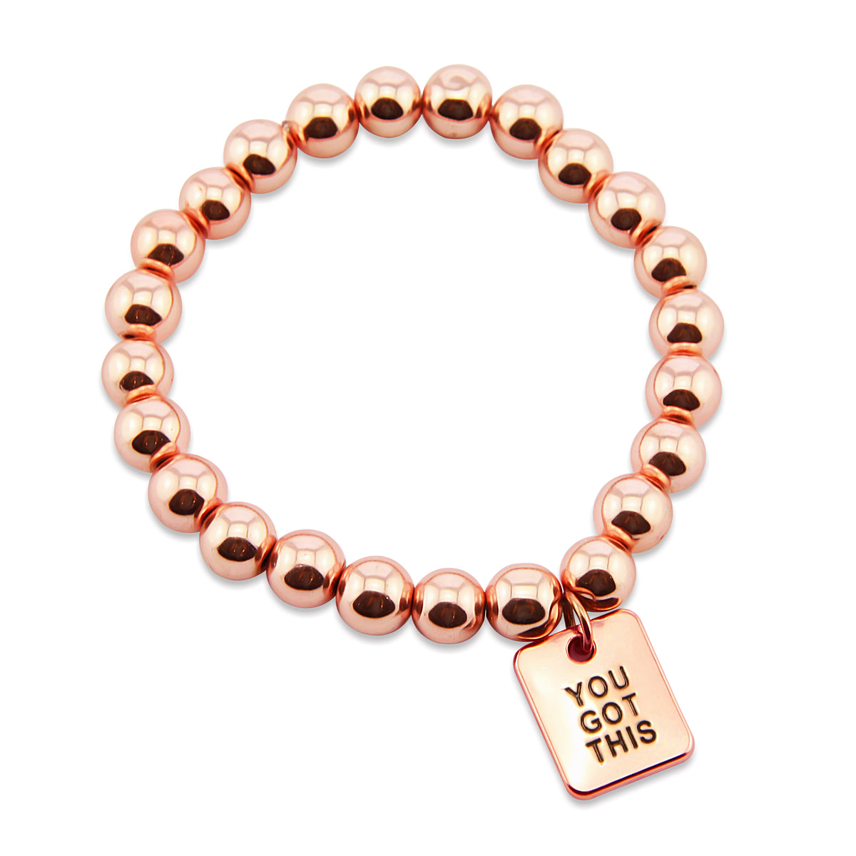 The STRONG WOMEN Collection Hematite Bracelet 8mm Beads with word charm - Rose Gold Rebel