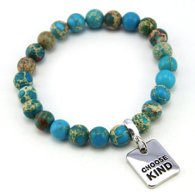 Precious Stone Bracelet Imperial Jasper Lagoon 8MM BEADS - With Silver Word Charms