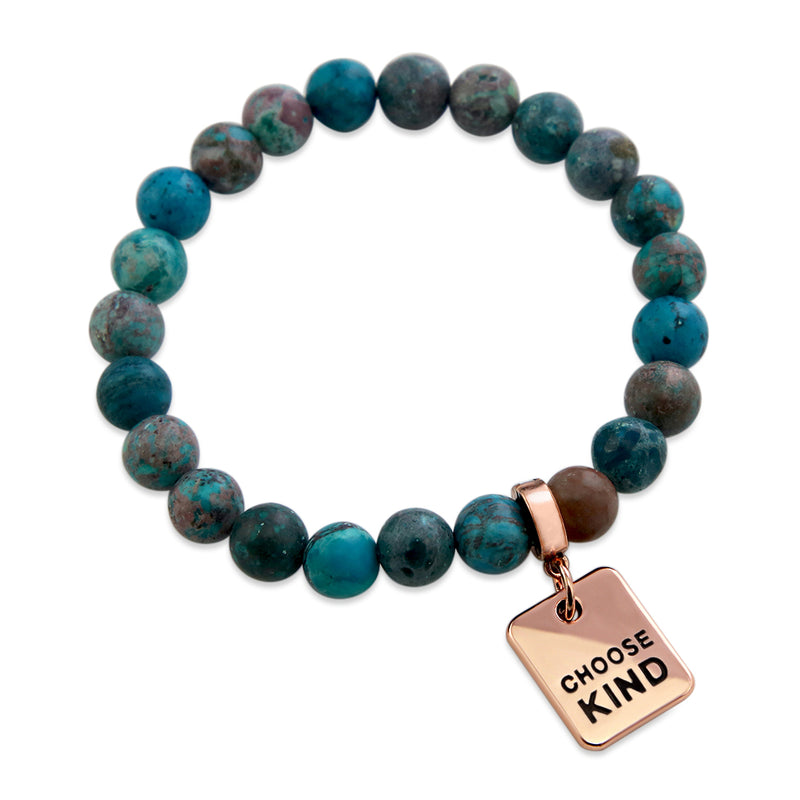 Precious Stone Bracelet 8mm - Imperial Teal Jasper - With Rose Gold strong Word Charms