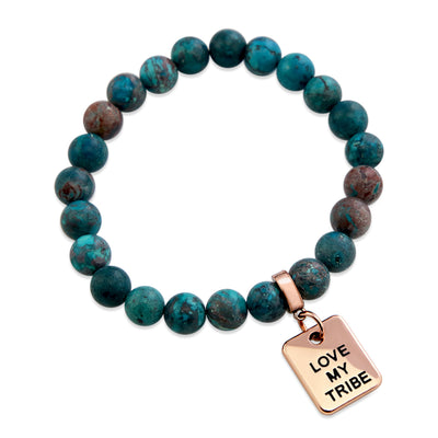 Precious Stone Bracelet 8mm - Imperial Teal Jasper - With Rose Gold love my tribe Word Charms