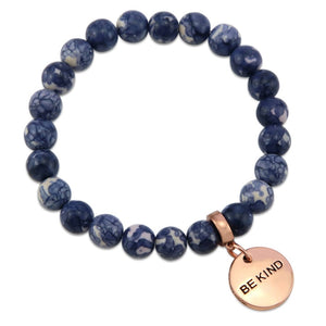 Stone Bracelet - Indigo Nights Patch Agate Stone 8mm Beads - With Rose Gold Word charm