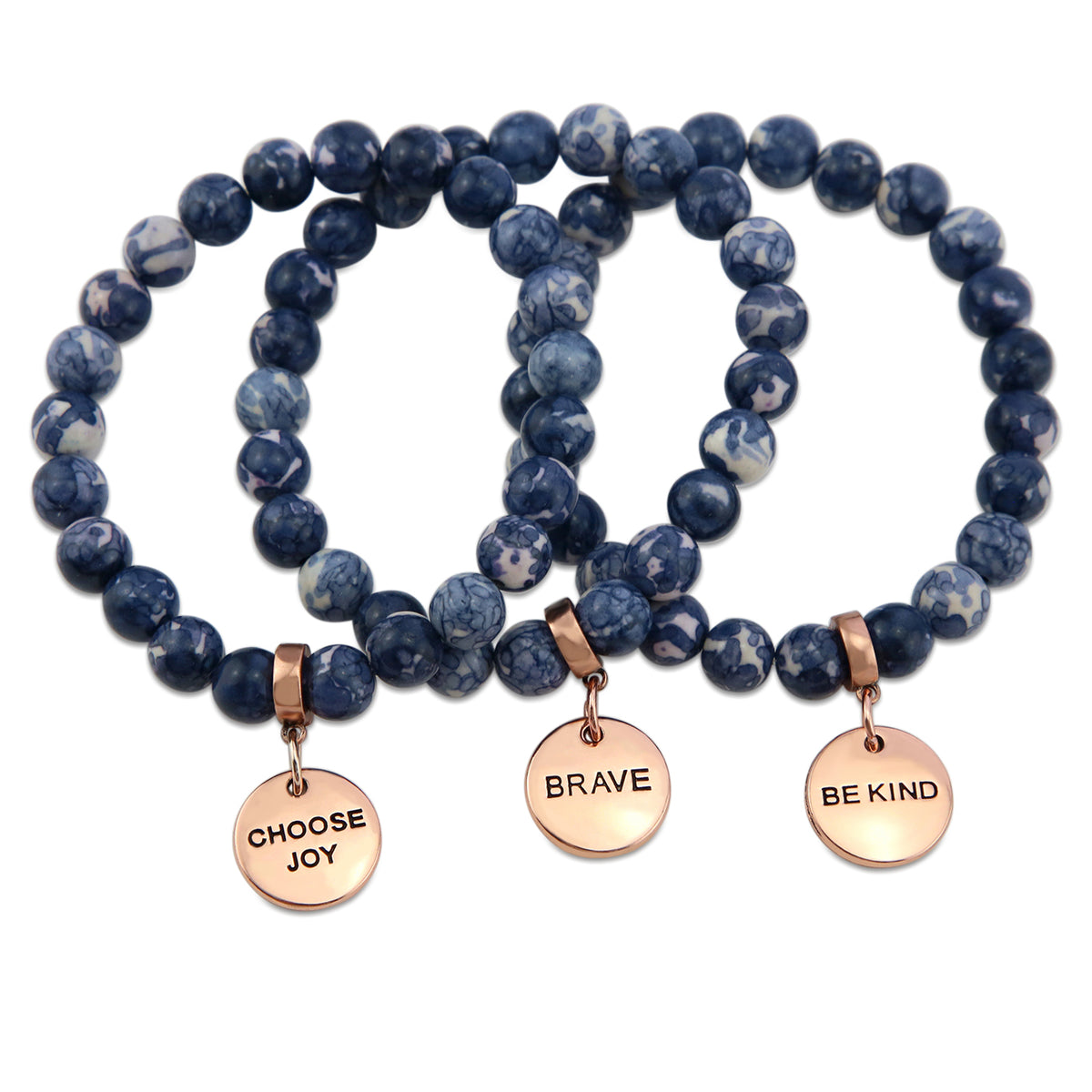 Stone Bracelet - Indigo Nights Patch Agate Stone 8mm Beads - With Rose Gold Word charm
