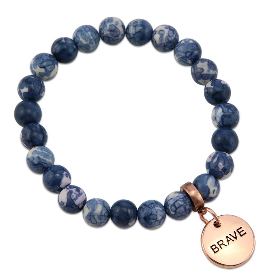 Stone Bracelet - Indigo Nights Patch Agate Stone 8mm Beads - With Rose Gold Word charm