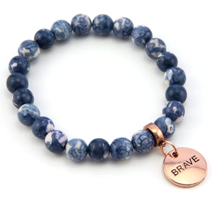 Stone Bracelet - Indigo Nights Patch Agate Stone 8mm Beads - With Rose Gold Word charm